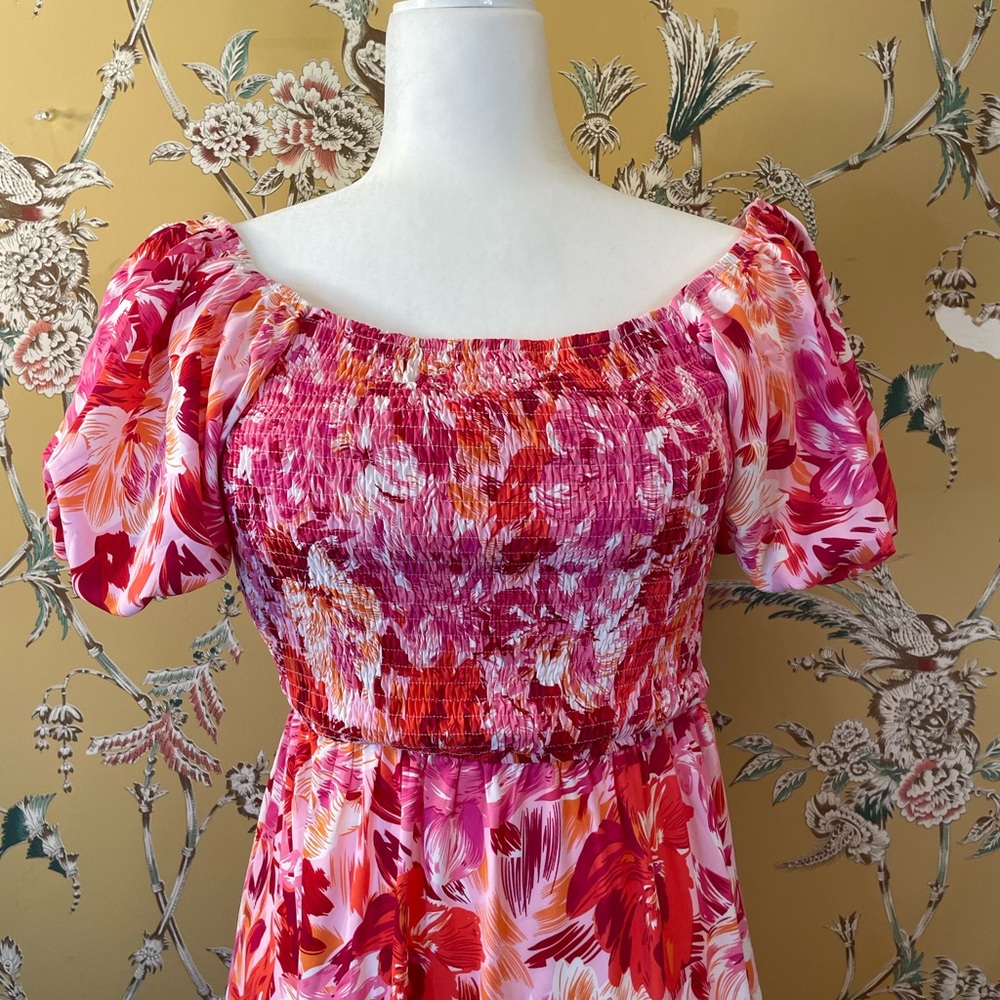 Dress A-Line Fit and Flare Red and Pink‎ Floral Size Medium - Picture 2 of 7
